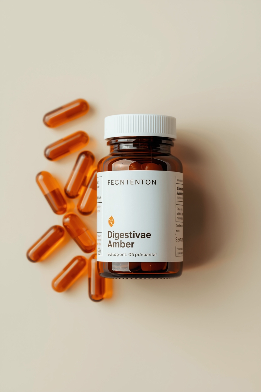 Amber supplement capsules arranged beside a small glass bottle on a neutral surface